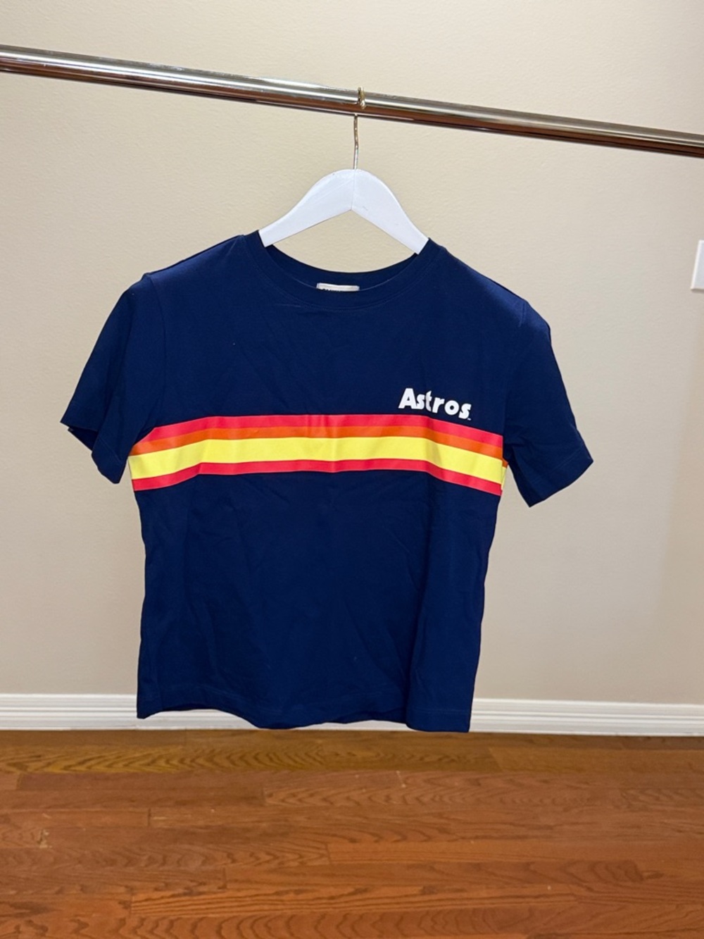 Kids Astros Navy Short-Sleeve Tee with Retro Red & Yellow Stripes